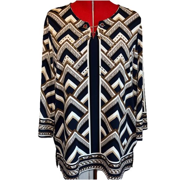JM Collection Women 1X Plus Geometric Top 3/4 Bell Sleeve Metallic Tunic Office - Picture 1 of 10